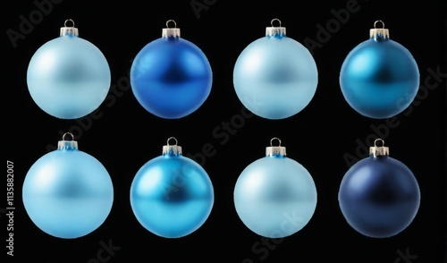 Vibrant Blue Christmas Ornaments in Grid Pattern on Black Background  Nine Unique Orangents with Metallic Finish and Various Sizes photo