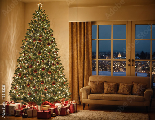  The image features a cozy Christmas scene with lit candles, gifts, a small Christmas tree, and a lit fireplace. The warm glow from the candles and the fire creates a festive and inviting atmosphere.