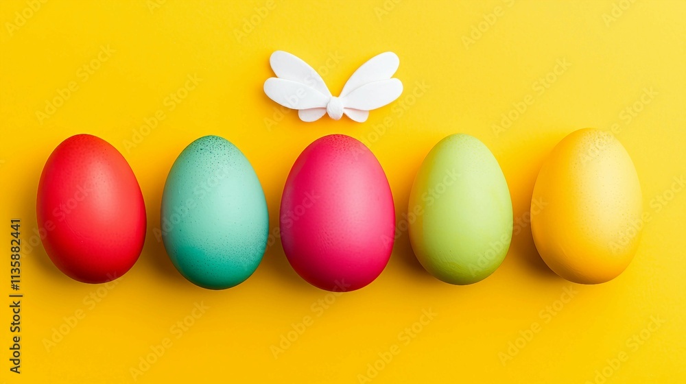 Colorful Easter Eggs and Butterfly Cutout on Bright Yellow Background Colorful Easter Eggs and Butterfly Cutout on Bright Yellow Background