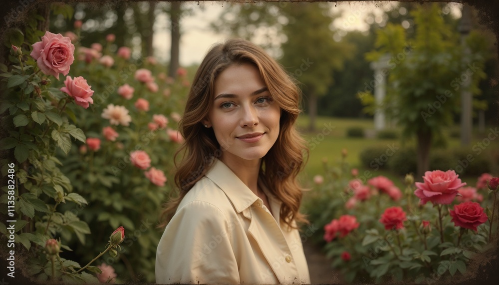Smiling young woman posing in a rose garden with blooming flowers and soft sunlight
Smiling young woman posing in a rose garden with blooming flowers and soft sunlight