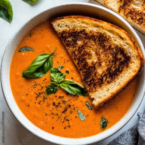 A bowl of creamy tomato basil soup served with grilled cheese sandwiches, Soup in bowl, Warm overhead lighting enhancing the homely feel photo