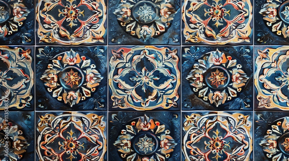 Close-up of an ornate blue and gold tile pattern. Close-up of an ornate blue and gold tile pattern.