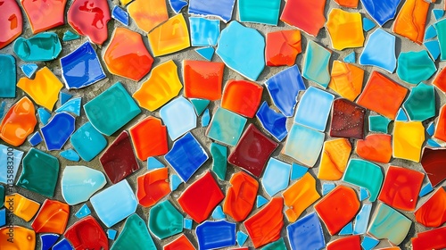 Colorful mosaic tile pattern in red, orange, yellow, blue, green, and brown. photo