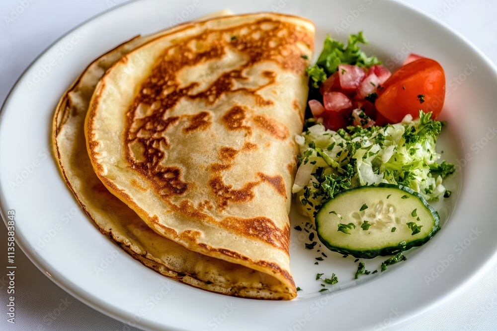 Deliciously Golden Pancakes Served with Fresh Vegetables and Salad on a White Plate, Perfect for Breakfast or Brunch Inspired Meals Deliciously Golden Pancakes Served with Fresh Vegetables and Salad on a White Plate, Perfect for Breakfast or Brunch Inspired Meals
