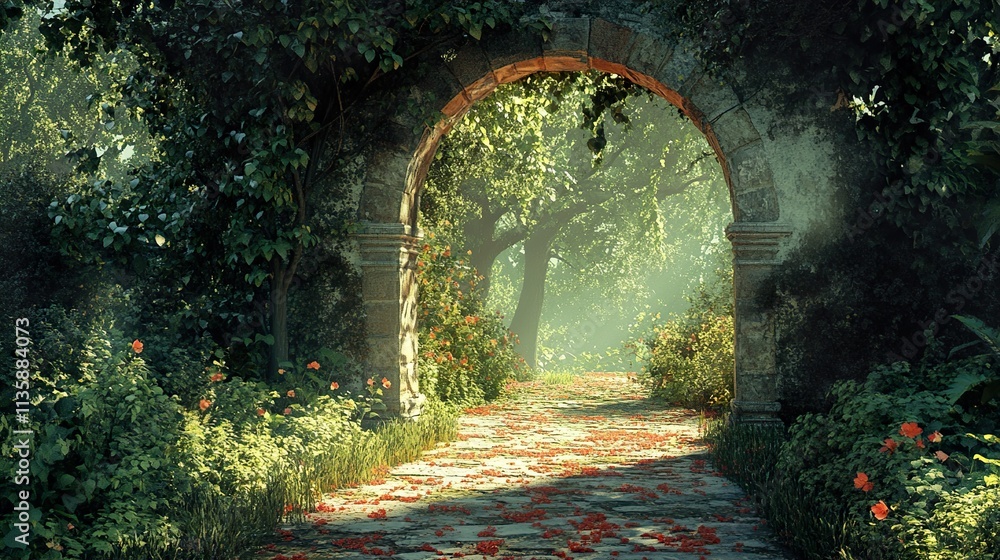 Fototapeta premium Enchanted Garden Path: A Sunlit Stone Walkway through Lush Greenery