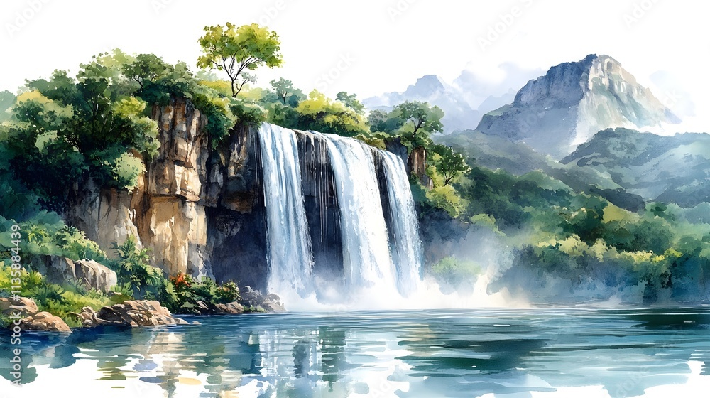 Fototapeta premium Majestic Waterfall Surrounded by Lush Green Landscape and Serene Mountain Range in a Vibrant Watercolor Style Illustration