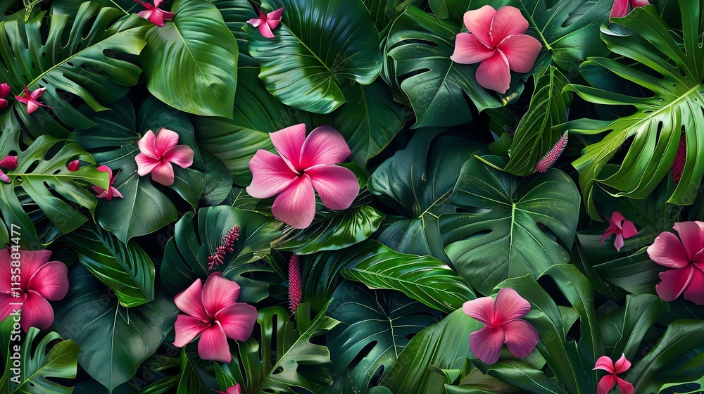 Tropical green leaves with pink flowers. Tropical green leaves with pink flowers.