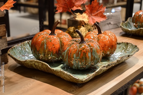 Decorative pumpkins on a rustic tray with autumn leaves, showcasing festive colors and seasonal charm for home decor and fall celebrations photo