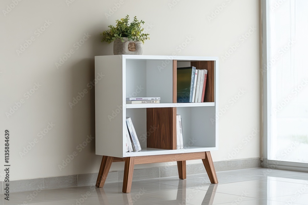 Fototapeta premium White and wood bookcase with books and plant.