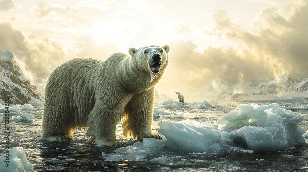 Majestic polar bears navigating icy waters as ice floes shrink. Majestic polar bears navigating icy waters as ice floes shrink.
