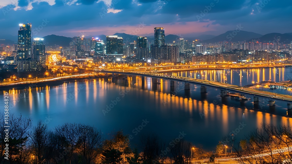 Cityscape at dawn, Busan, South Korea. Urban landscape, bridge, river, lights, modern architecture. Cityscape at dawn, Busan, South Korea. Urban landscape, bridge, river, lights, modern architecture.