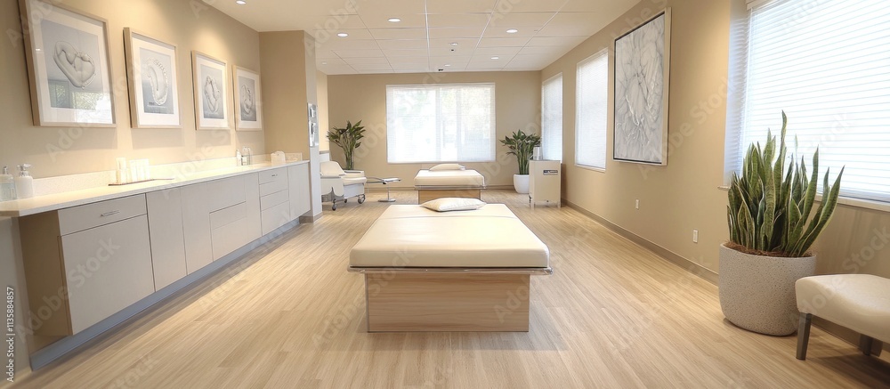 A bright, modern spa room with two massage tables, white cabinets, a large potted plant, and a white chair. A bright, modern spa room with two massage tables, white cabinets, a large potted plant, and a white chair.
