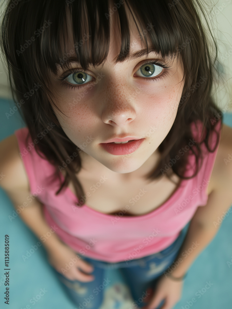 Close-up of a young girl with striking green eyes gazing upward, dressed in a pink top. The image captures her thoughtful expression, freckles, and youthful innocence. Close-up of a young girl with striking green eyes gazing upward, dressed in a pink top. The image captures her thoughtful expression, freckles, and youthful innocence.