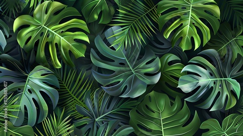 A lush tropical background made of green leaves.