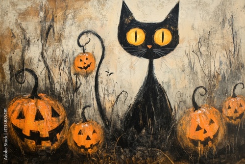 a black cat with jack-o-lanterns in a halloween painting