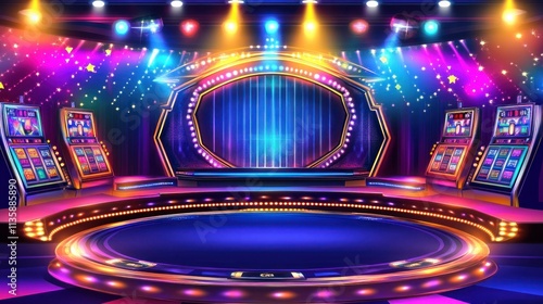 Vibrant Casino Stage with Slot Machines and Bright Lights