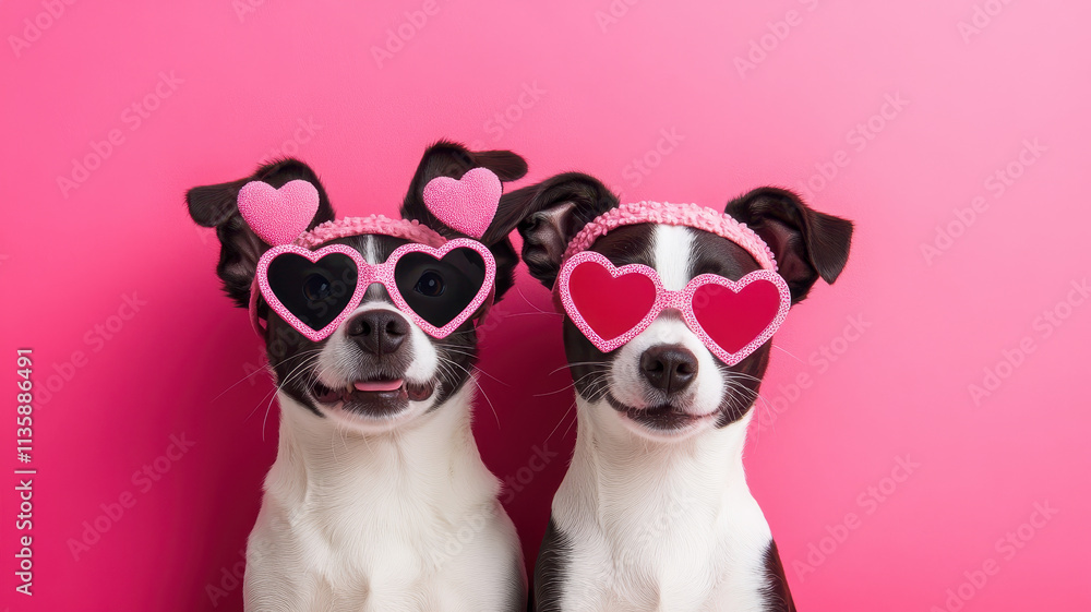 Two adorable dogs wearing heart shaped glasses against pink background, radiating joy and love. Their playful expressions and stylish accessories create charming and fun atmosphere Two adorable dogs wearing heart shaped glasses against pink background, radiating joy and love. Their playful expressions and stylish accessories create charming and fun atmosphere