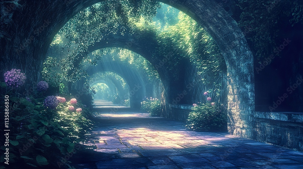 Fototapeta premium Enchanted Garden Path: A Serene Walk Through Nature's Tunnel