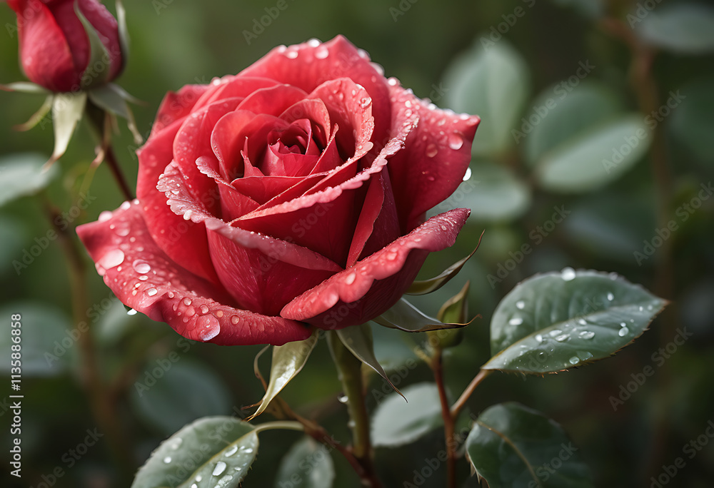 Close-up of a vibrant red rose with dew drops, generative ai Close-up of a vibrant red rose with dew drops, generative ai