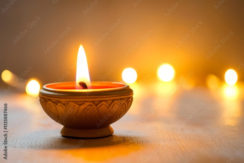 Elegant Candlelit Ambiance with Traditional Diya on Wooden Surface Surrounded by Soft Bokeh Light for Serenity and Relaxation in Home Decor Elegant Candlelit Ambiance with Traditional Diya on Wooden Surface Surrounded by Soft Bokeh Light for Serenity and Relaxation in Home Decor