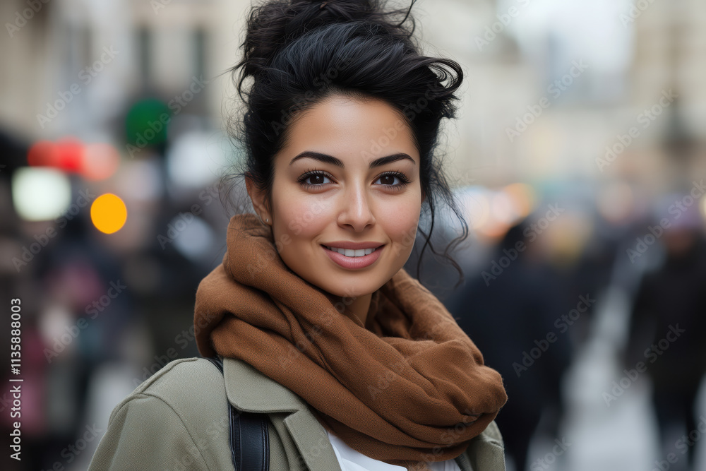 A young woman with a radiant smile stands in a bustling city atmosphere, wearing a cozy scarf. She exudes warmth and confidence amidst the urban crowd. A young woman with a radiant smile stands in a bustling city atmosphere, wearing a cozy scarf. She exudes warmth and confidence amidst the urban crowd.