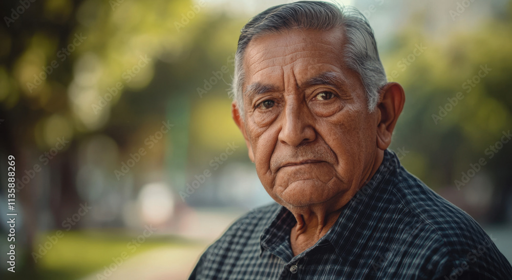 An elderly man sits outdoors in a park, surrounded by greenery and soft sunlight filtering through the trees. He has a contemplative expression and is wearing a checkered shirt. An elderly man sits outdoors in a park, surrounded by greenery and soft sunlight filtering through the trees. He has a contemplative expression and is wearing a checkered shirt.