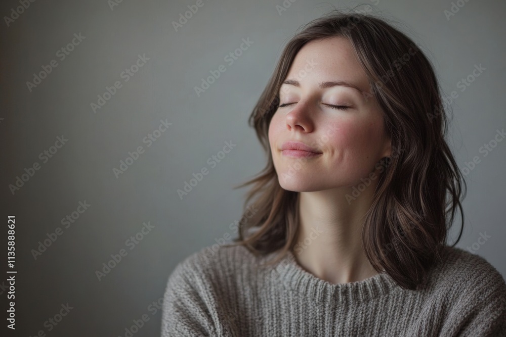 a woman with eyes closed wearing a sweater a woman with eyes closed wearing a sweater