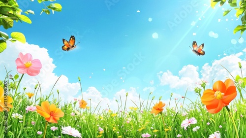 A bright spring scene with colorful flowers, green grass, and birds chirping under a clear blue sky photo