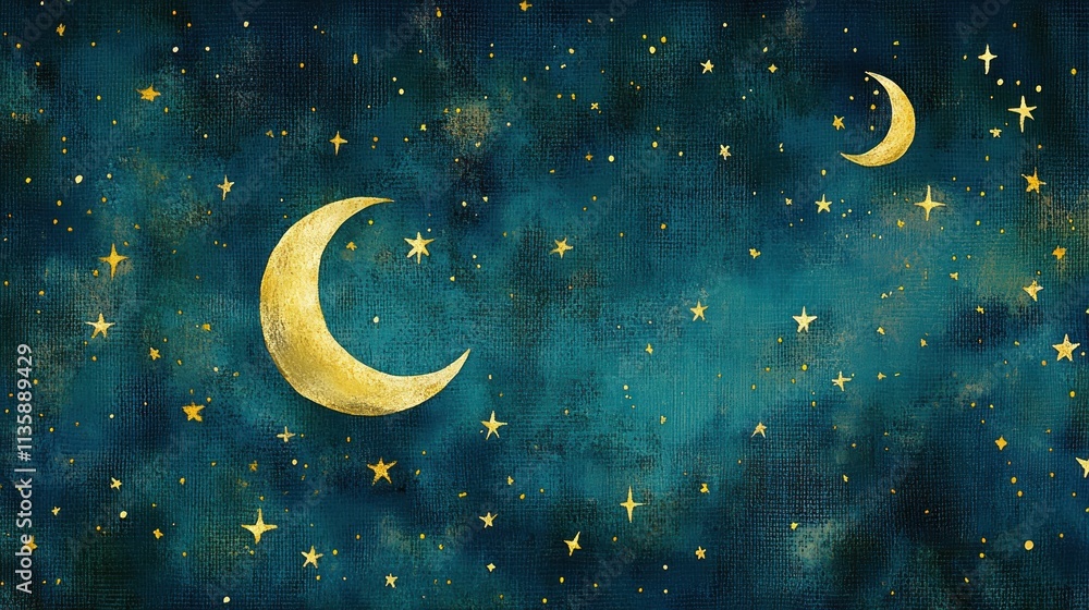 A Night Sky with Golden Moons and Stars on a Blue Canvas A Night Sky with Golden Moons and Stars on a Blue Canvas
