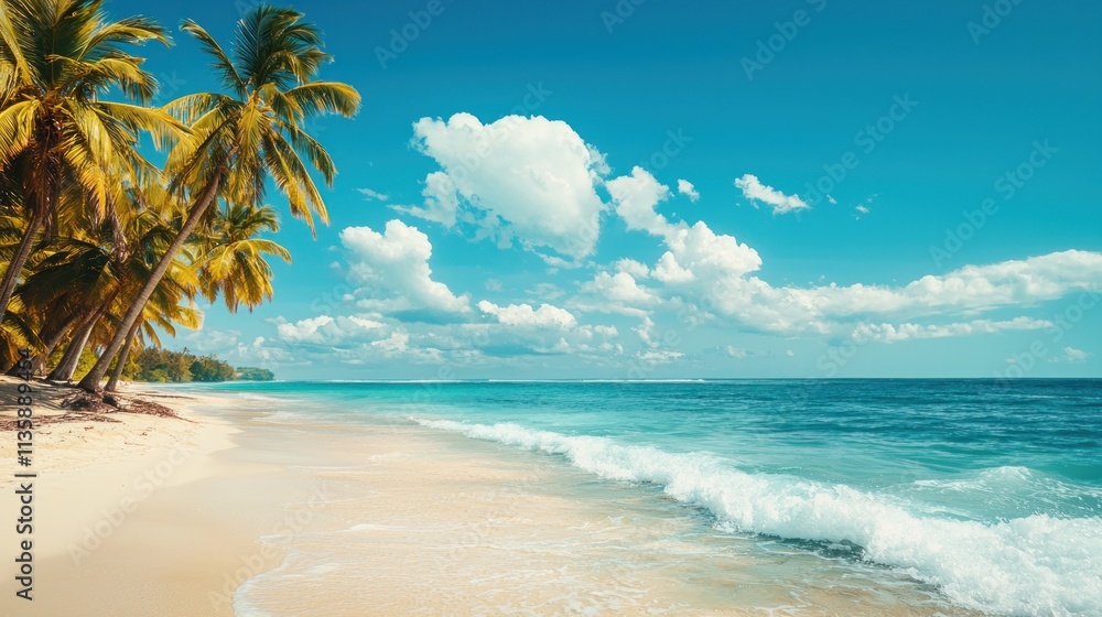 A bright summer beach scene with clear blue skies, palm trees, and gentle waves crashing on the shore. A bright summer beach scene with clear blue skies, palm trees, and gentle waves crashing on the shore.