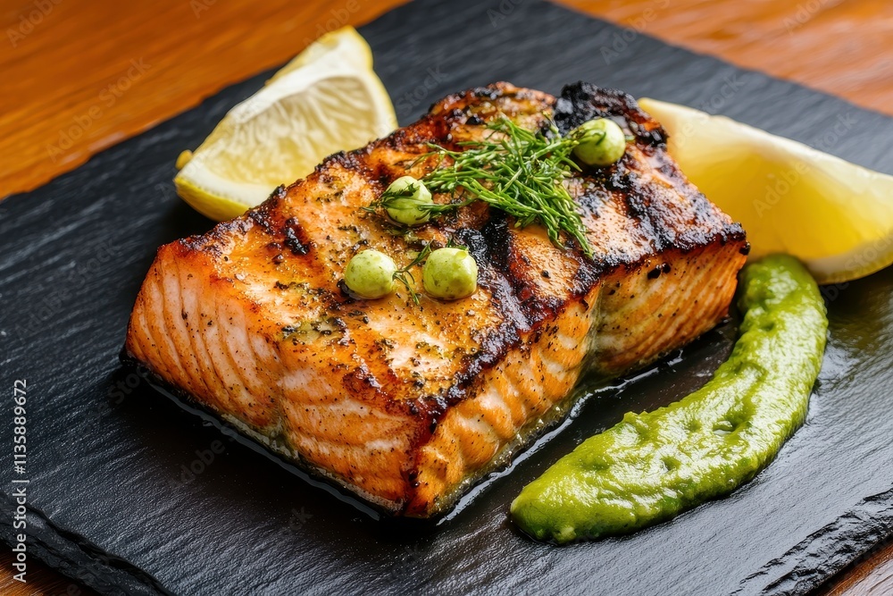 Grilled Salmon Fillet Served on a Slate Board with Fresh Lemon Wedges and Green Sauce Garnished with Herbs for a Modern Dining Experience Grilled Salmon Fillet Served on a Slate Board with Fresh Lemon Wedges and Green Sauce Garnished with Herbs for a Modern Dining Experience