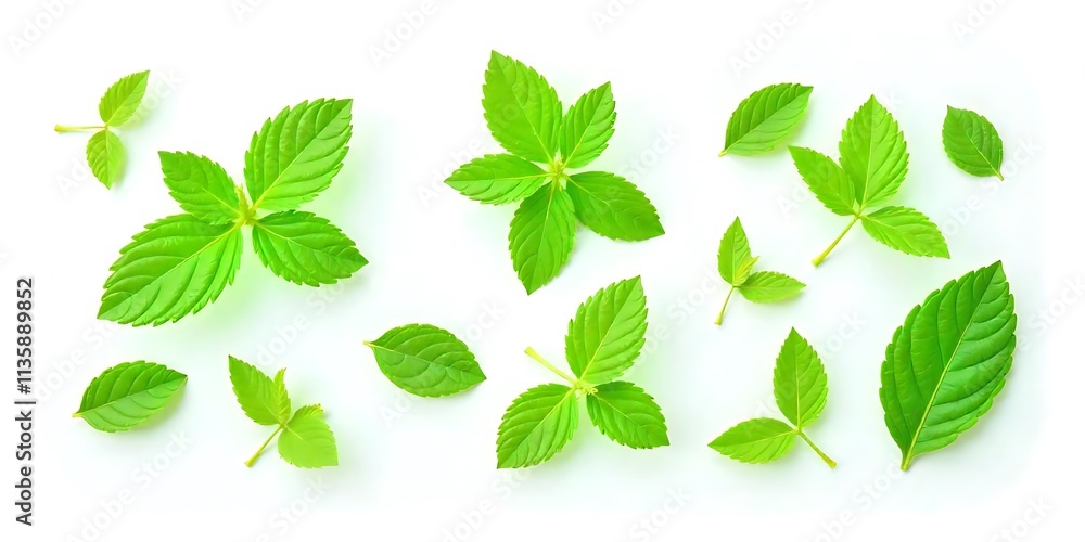 Set of green mint leaves isolated on white, top view Set of green mint leaves isolated on white, top view