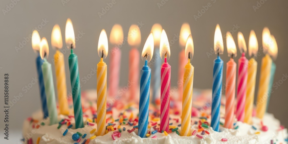 A close-up shot of a colorful birthday cake with lit candles on top, event A close-up shot of a colorful birthday cake with lit candles on top, event