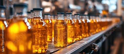 Bottles of amber liquid on a conveyor belt in a factory setting.