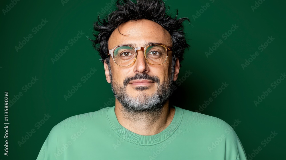 Portrait of a Man with Glasses Green Shirt Studio Shot Portrait of a Man with Glasses Green Shirt Studio Shot