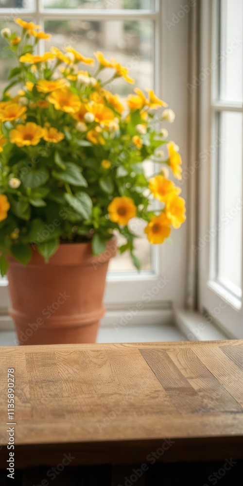 Wooden table top on defocused summer window with vibrant flower pot background, summer Wooden table top on defocused summer window with vibrant flower pot background, summer