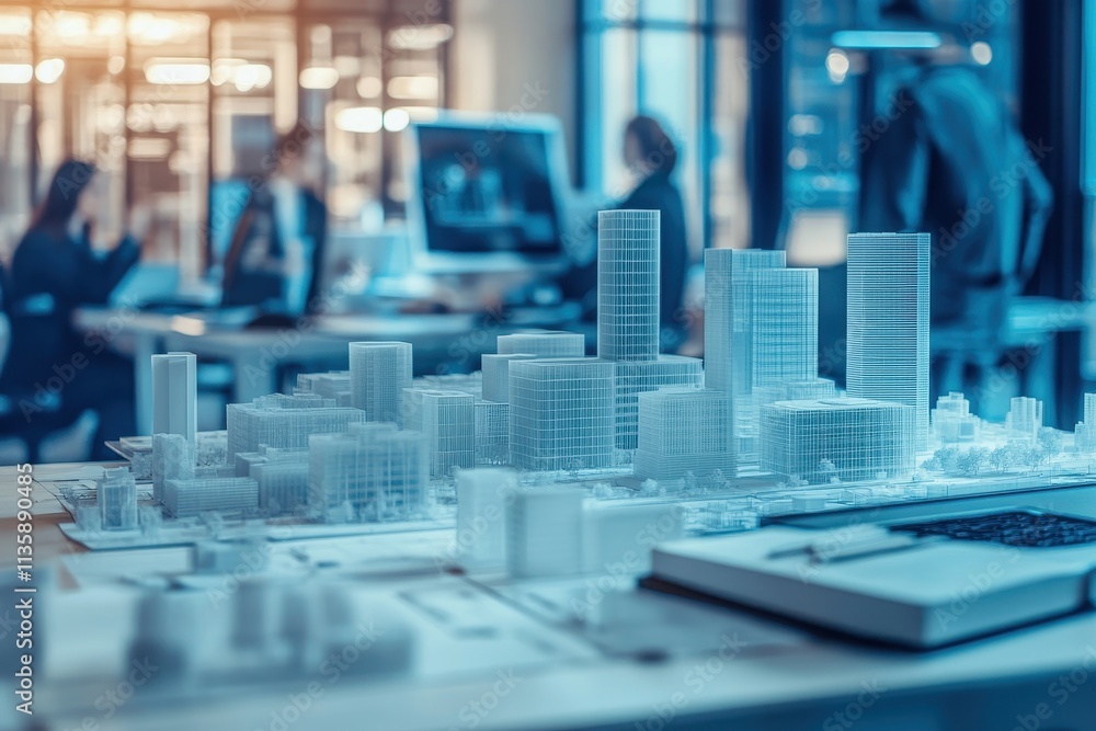 Architectural Model of Modern Cityscape in a Design Studio Setting Architectural Model of Modern Cityscape in a Design Studio Setting