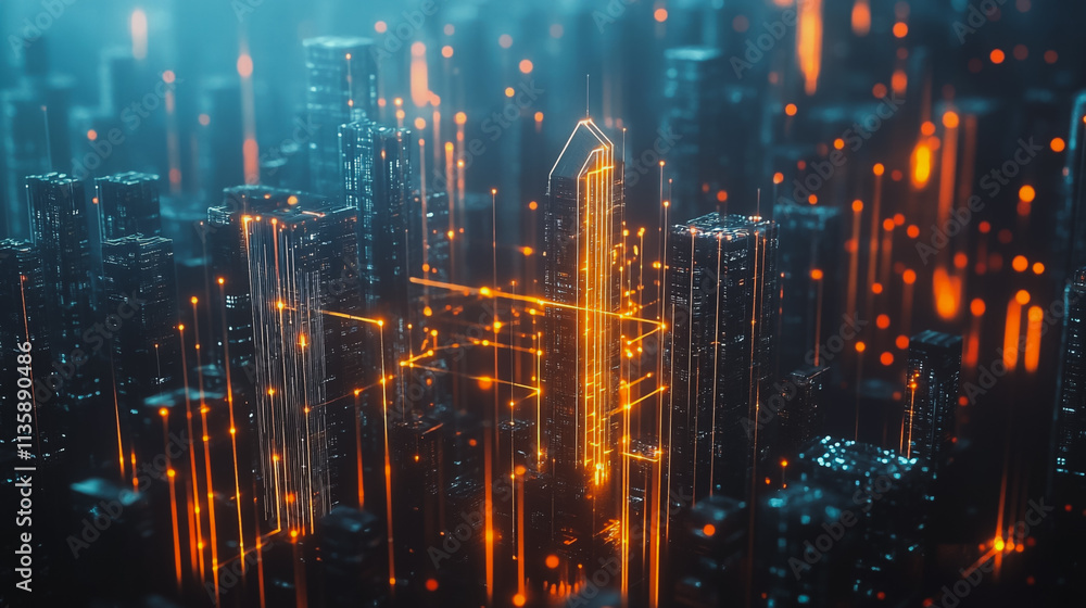 Obraz premium Smart digital Innovation city with connection network reciprocity over the cityscape. of future smart wireless digital city and social media networking systems that connects people with in city