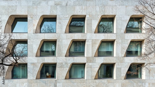 A building faÃ§ade with unconventional windows of different shapes and sizes, creating an interesting and unique visual pattern photo