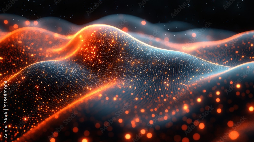 Fototapeta premium Abstract representation of waves with glowing particles, evoking a cosmic or digital landscape.