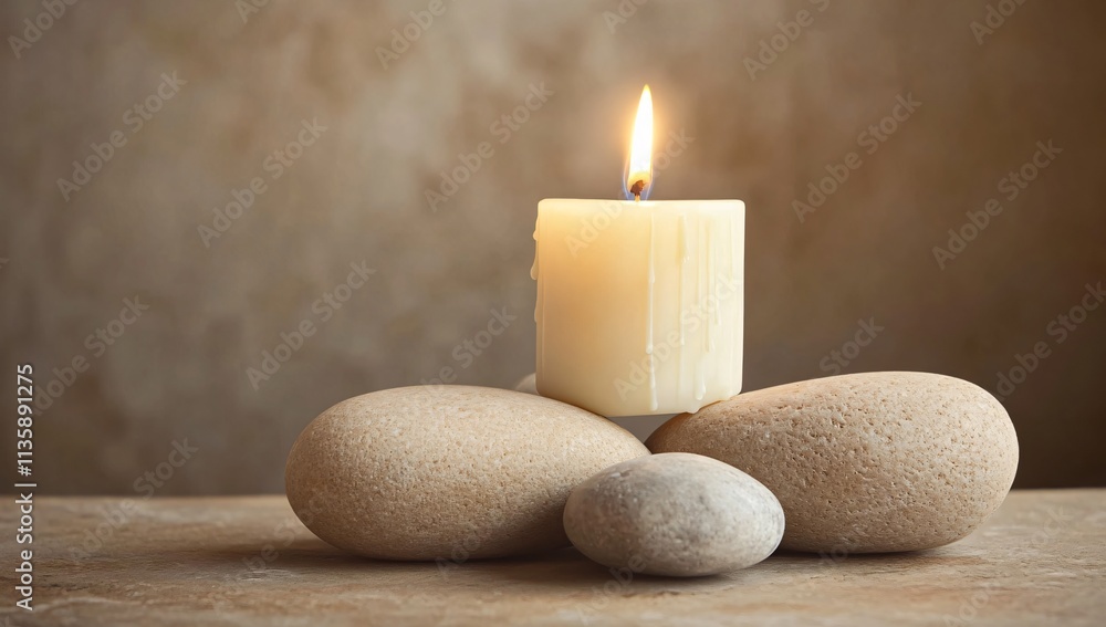 Serene Spa Candle with Stones: Peaceful Relaxation Image Serene Spa Candle with Stones: Peaceful Relaxation Image