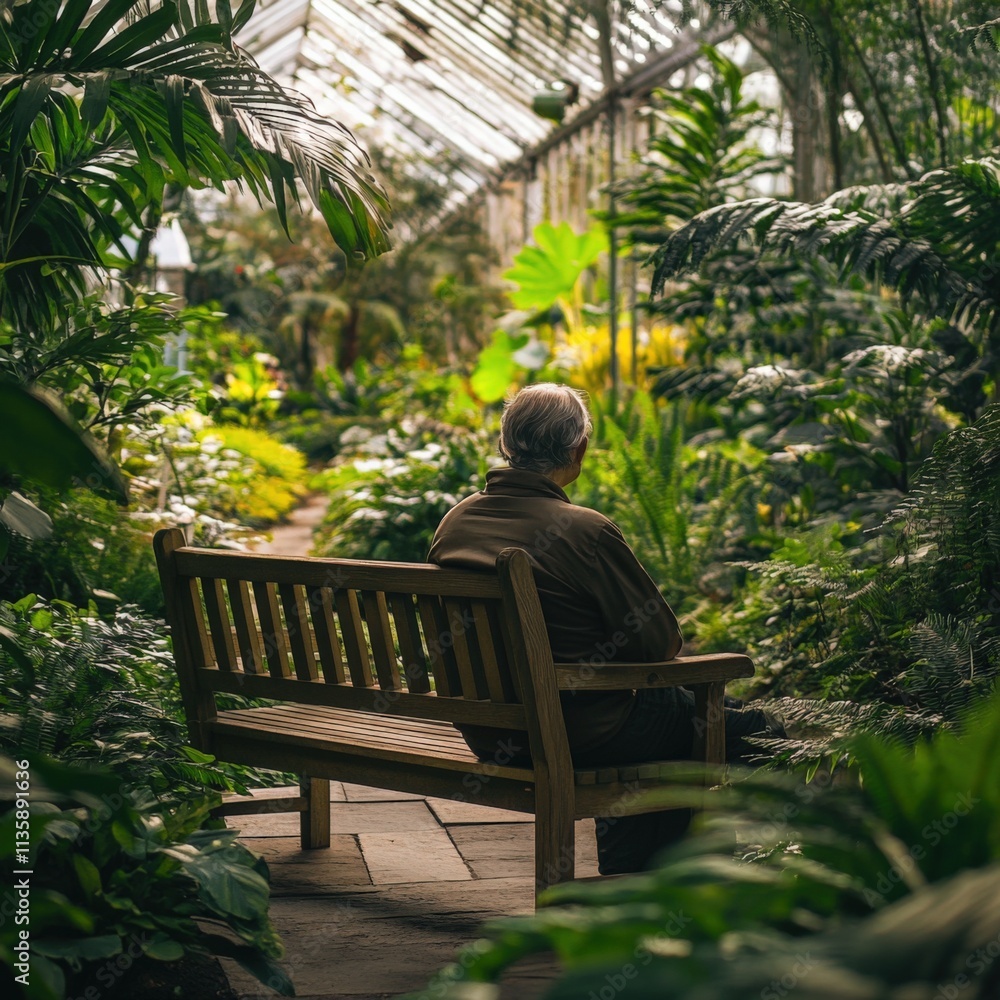 person sitting on a bench in a botanical garden person sitting on a bench in a botanical garden
