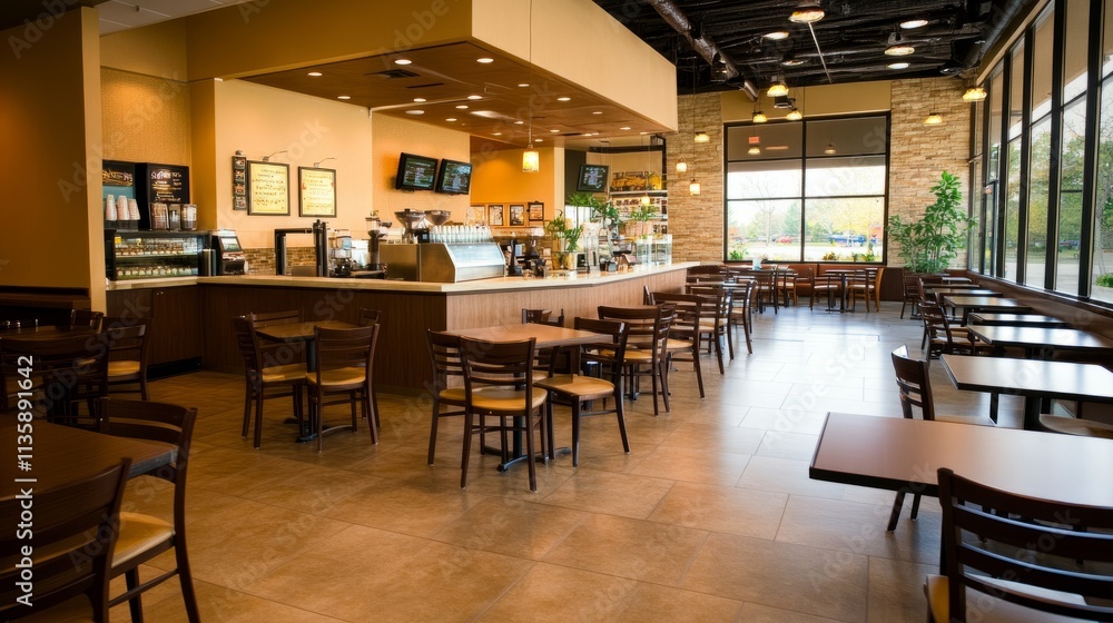 Upscale cafe design with a spacious bar island in the center, clean rows of dining tables, and designer chairs in earthy tones. Soft natural light fills the space. Upscale cafe design with a spacious bar island in the center, clean rows of dining tables, and designer chairs in earthy tones. Soft natural light fills the space.