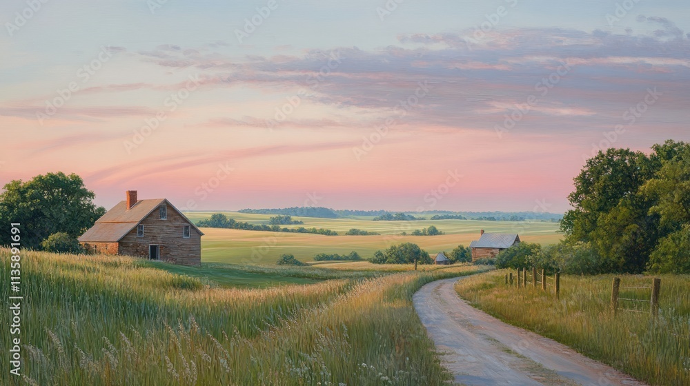 Rural Landscape at Sunset Featuring Two Rustic Farmhouses