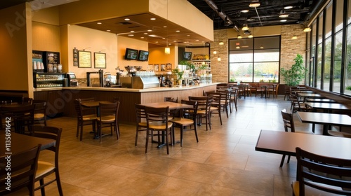 Upscale cafe design with a spacious bar island in the center, clean rows of dining tables, and designer chairs in earthy tones. Soft natural light fills the space.