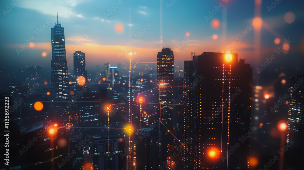 Fototapeta premium Smart digital Innovation city with connection network reciprocity over the cityscape. of future smart wireless digital city and social media networking systems that connects people with in city