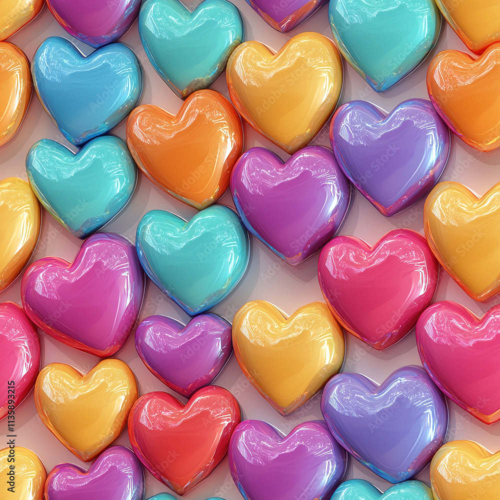 Obraz premium Colorful heart shapes in seamless pattern create vibrant and playful design, perfect for various creative projects. glossy finish adds cheerful touch to any background