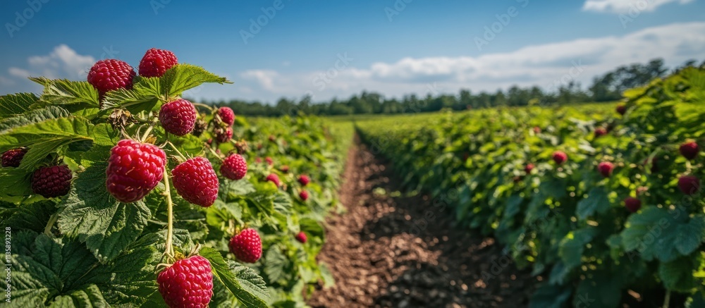 Fototapeta premium Rows of raspberry bushes with ripe fruit growing in a field under a blue sky.