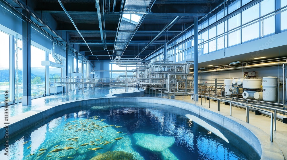 Fototapeta premium Aquaculture facility with large tanks containing various species of fish, sustainable farming practices, and advanced technology for water quality monitoring and feeding systems. 