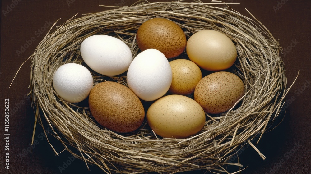 Variety of chicken eggs in a bird's nest. Variety of chicken eggs in a bird's nest.